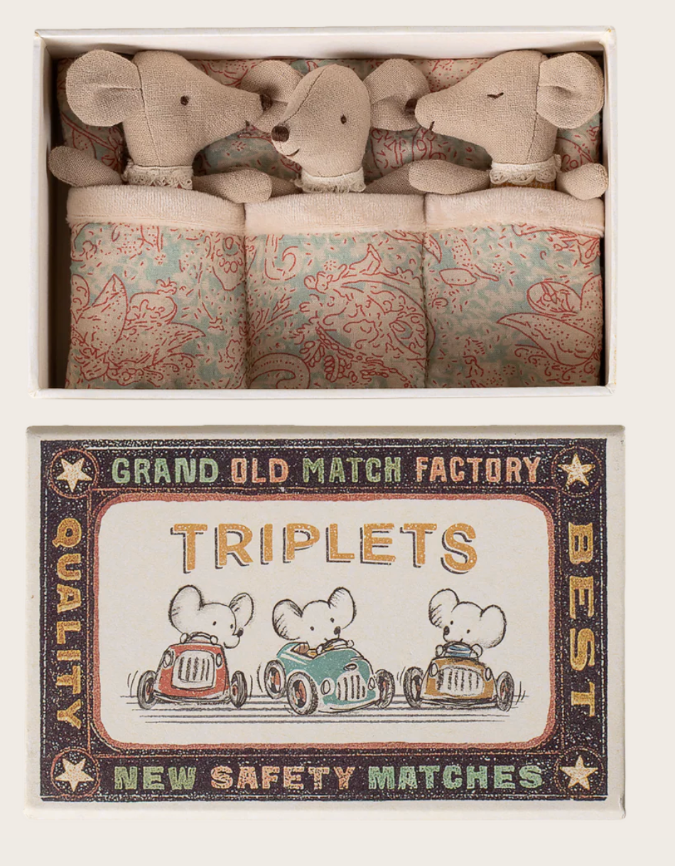 Triplets, Sleepy Wakey Baby Mice in Matchbox, Maileg