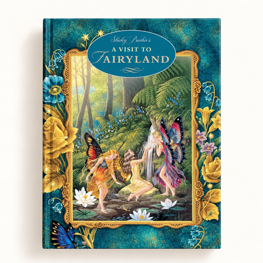 Hardback book titled "A Visit to Fairyland" by Shirley Barber, featuring a whimsical fairyland cover illustration.