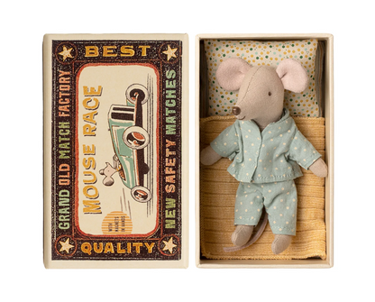 Maileg Little Brother Mouse inside a matchbox, part of Maileg's collectible mouse collection, with detailed fabric and tiny accessories.