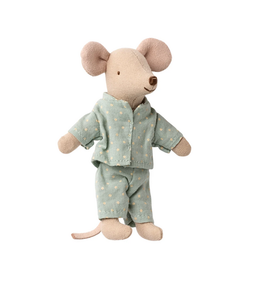 Maileg Little Brother Mouse inside a matchbox, featuring soft fabric and detailed mouse costume, perfect for children's play and collection.