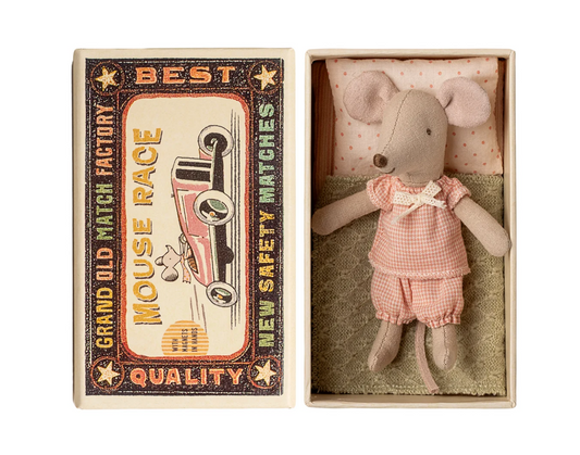 Maileg Little Sister Mouse inside a matchbox, dressed in adorable clothing, part of the Maileg Mice collection.
