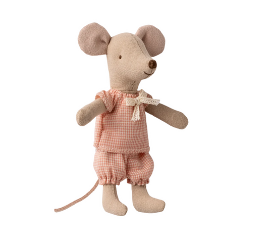 Maileg Little Sister Mouse in a matchbox, soft fabric toy with detailed features, part of Maileg Mice collection.