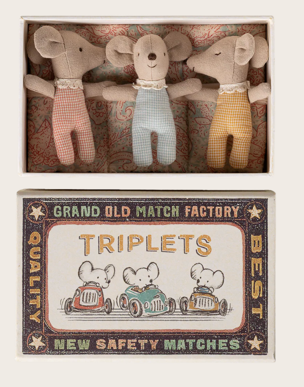 Triplets, Sleepy Wakey Baby Mice in Matchbox, Maileg