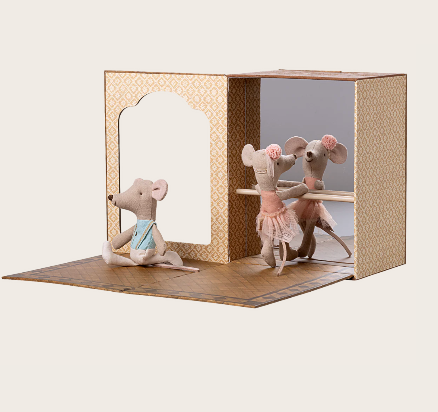 Maileg Ballet Mice in a dance studio setting, featuring cute mice dressed in ballet costumes with dance props and studio background.
