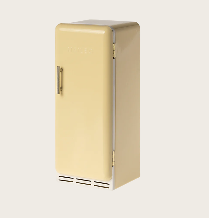 Maileg miniature yellow fridge toy featuring Maileg mice, detailed with realistic design for play or display.