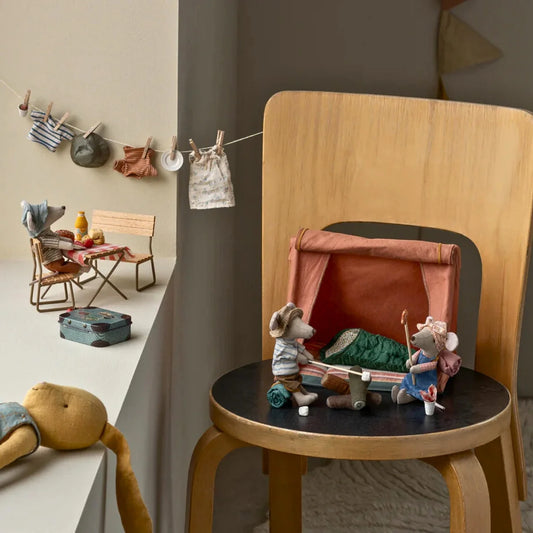 Maileg Hiker Mouse Big Sister doll with detailed clothing and accessories, showcasing a charming Maileg Mice toy.
