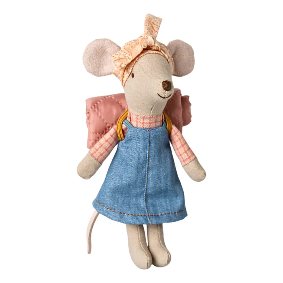 Maileg Hiker Mouse Big Sister doll, part of Maileg Mice collection, dressed in outdoor attire, with detailed clothing and accessories.