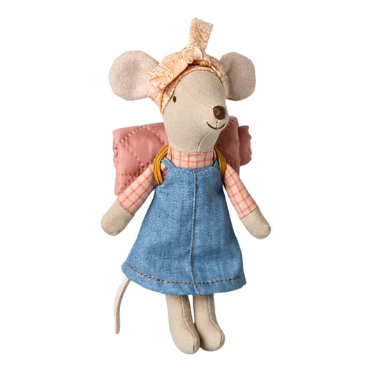 Maileg Hiker Mouse Big Sister doll, part of Maileg Mice collection, dressed in outdoor attire, with detailed clothing and accessories.