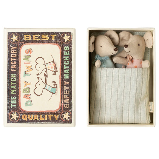 Maileg baby mice twins in a matchbox, soft plush toys with tiny details, perfect for pretend play and collectibles.