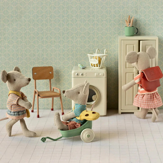 Maileg Mouse Big Sister wearing coral tricycle outfit, featuring detailed clothing and accessories, perfect for Maileg Mice collection.
