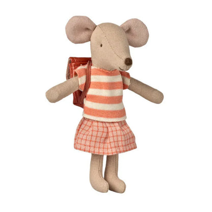 Maileg Mouse Big Sister in coral tricycle outfit, standing next to a small tricycle, detailed Maileg Mice collectible costume.