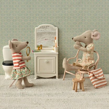 Maileg Mouse Big Sister wearing green tricycle outfit, detailed fabric and cute design for Maileg Mice collection.