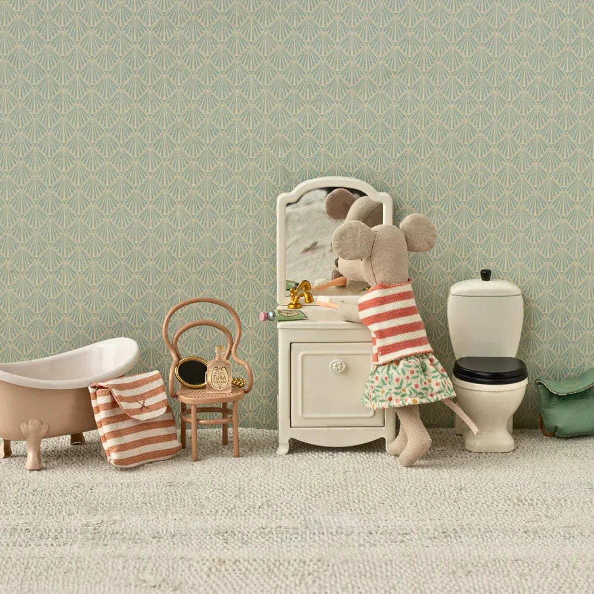 Maileg Mouse Big Sister in green tricycle outfit, detailed fabric and accessories, perfect for Maileg Mice collection.