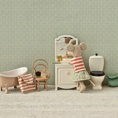 Maileg Mouse Big Sister in green tricycle outfit, detailed fabric and accessories, perfect for Maileg Mice collection.