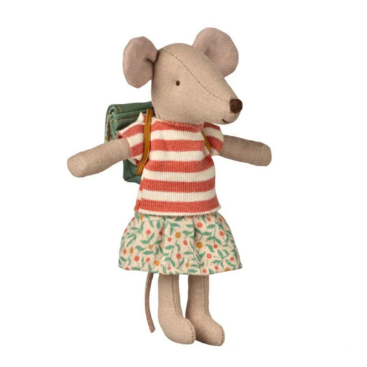 Maileg Mouse Big Sister in green tricycle outfit, part of Maileg Mice collection, wearing a charming costume with detailed accessories.